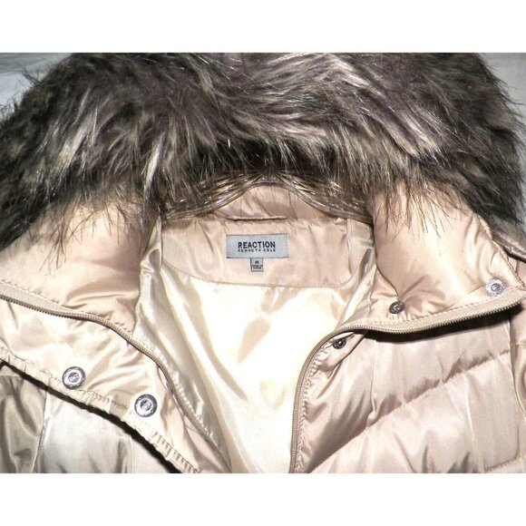 Women's M Reaction Kenneth Cole GIII Down Puffer Coat Satin Champagne Fur Hood - Picture 2 of 14